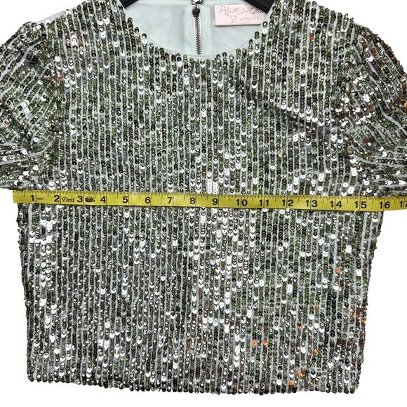 ALICE + OLIVIA Delaina Long Sleeve Sea Green Sequin Crop Top - Picture 13 of 14